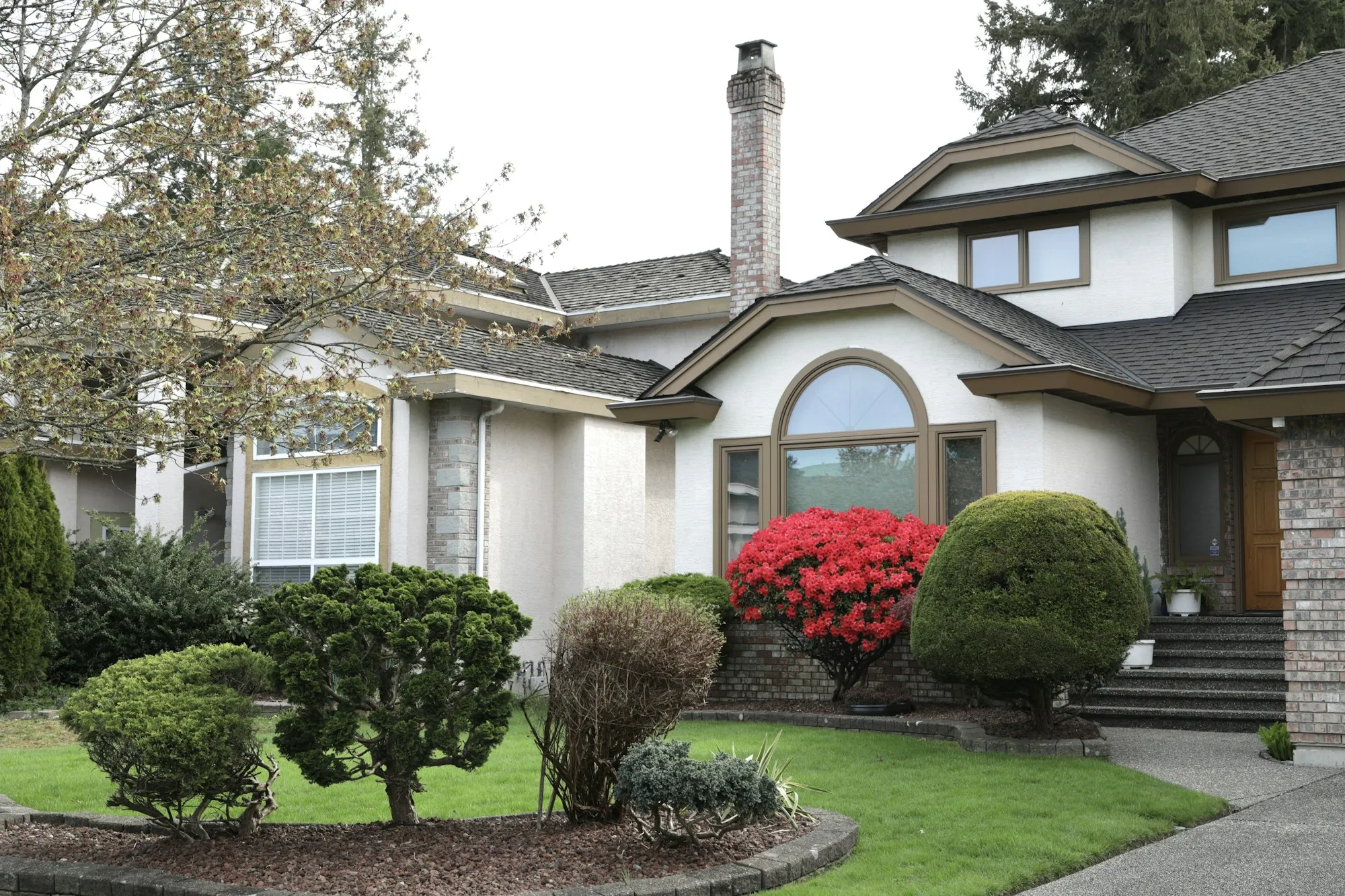 Family home with a flower-lined walkway